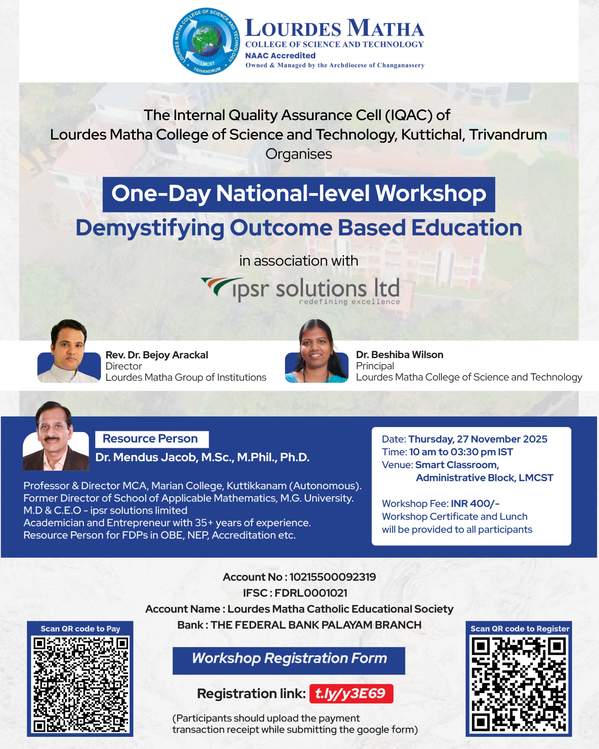 One-Day National-level Workshop on Demystifying Outcome Based Education at Lourdes Matha College of Science and Technology